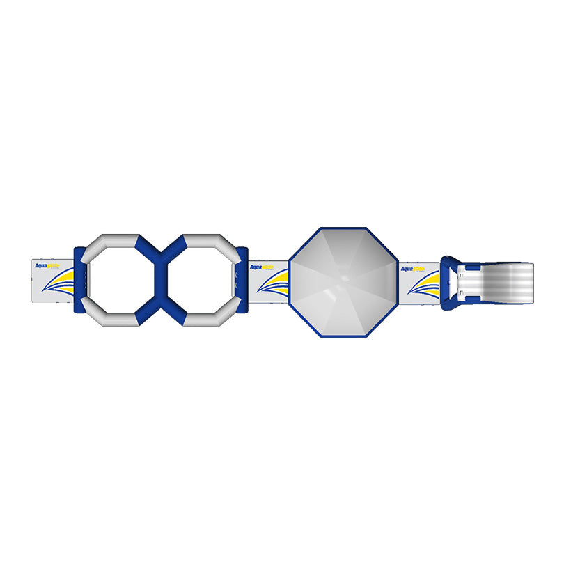 Top view of a blue/gray geometric Challenge Track S inflatable on water.