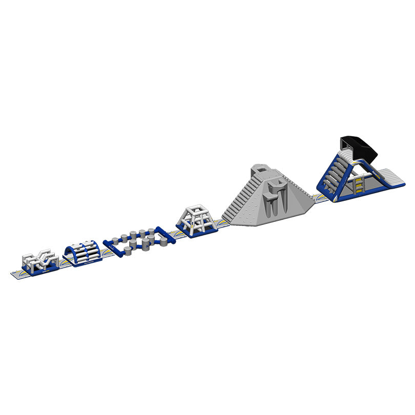 Challenge Track XL: Inflatable with pyramids, arches, and Thor jump on a blue base.