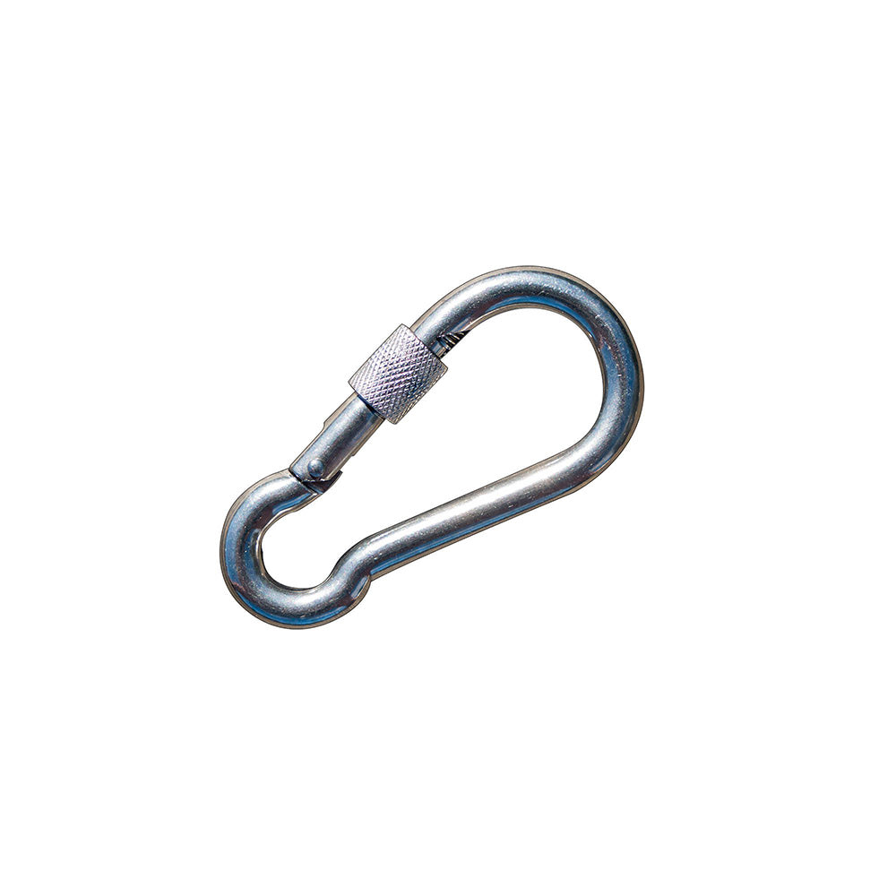 Vertical Mooring Line: heavy-duty stainless steel with screw lock carabiner.