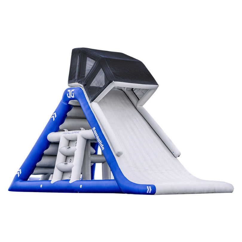 Blue/white inflatable water slide Freefall Supreme TR with climbing sides and top net.