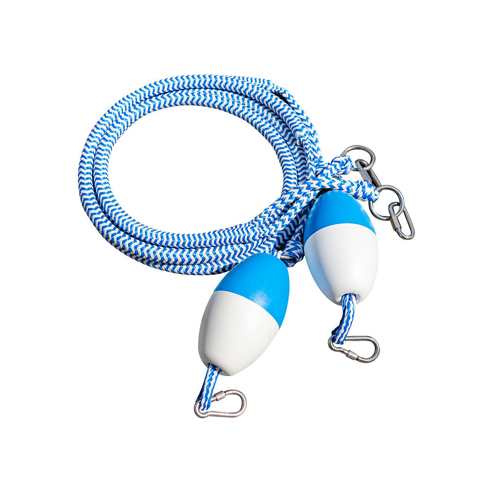 Horizontal Mooring Line-Pair with blue/white braid, floats, & stainless steel hooks.