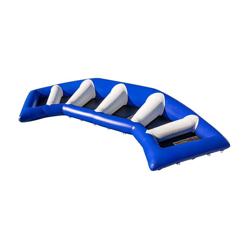 Kickback: Blue/white inflatable water obstacle with 4 barriers and D-Ring Interloc system.
