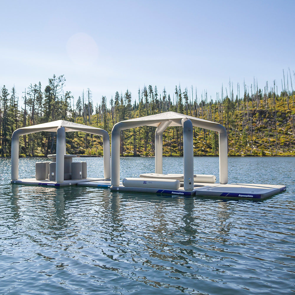 The Lakefront Mini Park 3 features floating platforms and a treed solarium on a tranquil lake.