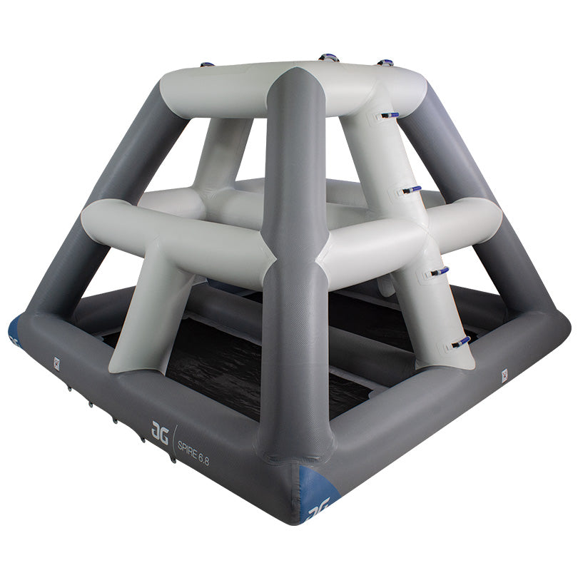 Spire 6.8 gray inflatable climbing structure with levels and handholds.