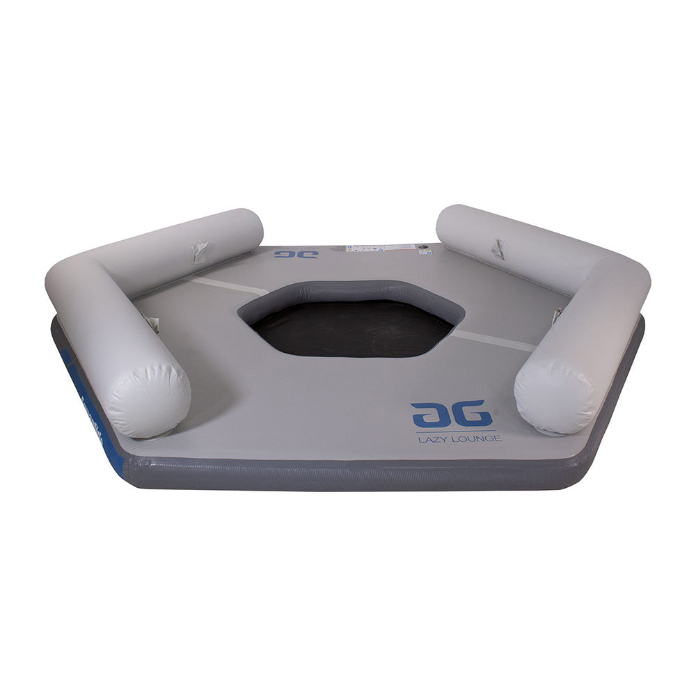 Gray hexagonal Lazy Lounge, inflatable with three raised sides, offers spacious comfort.