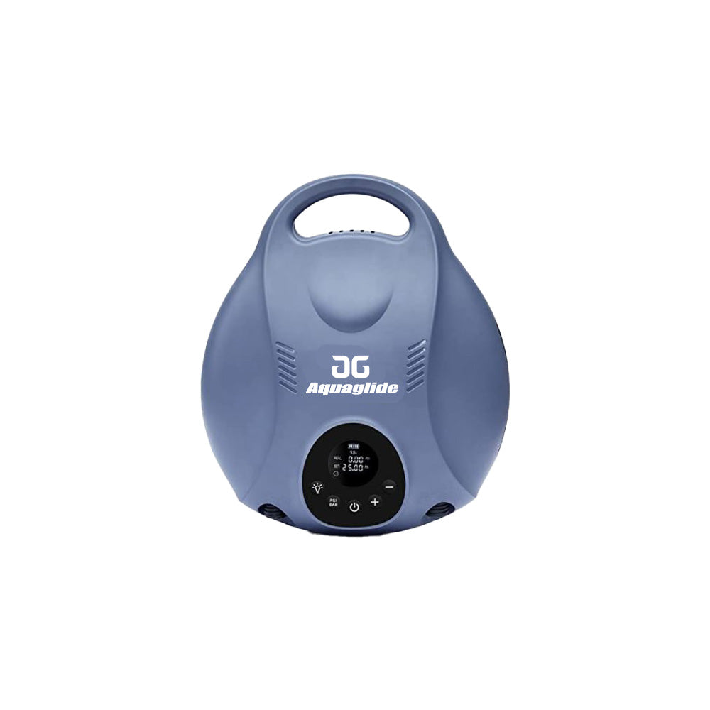 Gray Aquapark Rechargeable Pump with handle and digital controls.