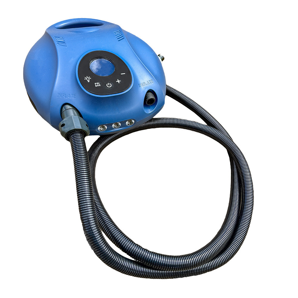 Aquapark Rechargeable Pump: High-pressure blue electric pump with hose &amp; digital controls.
