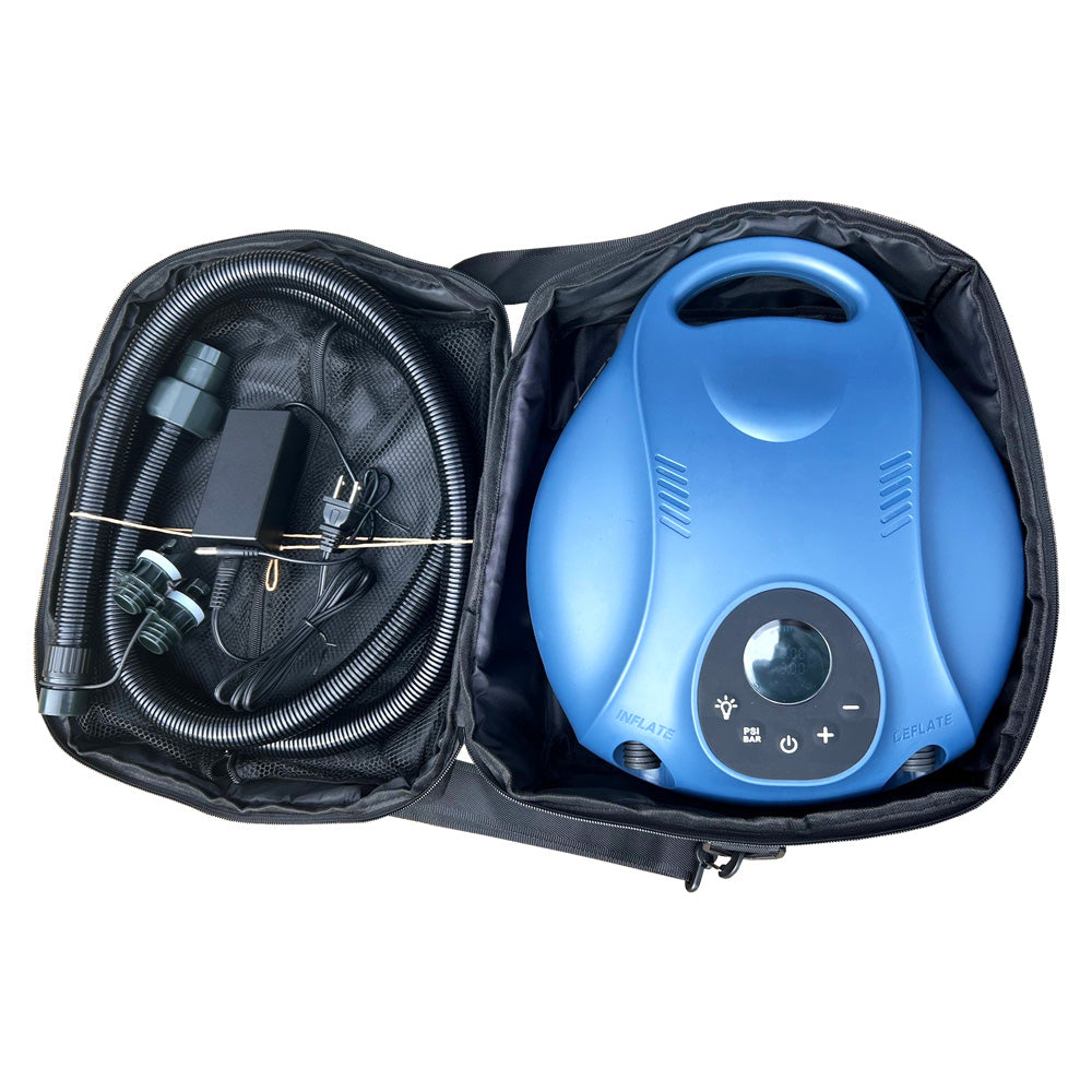 Aquapark Rechargeable Pump: High-pressure blue pump with hose, accessories, and black case.