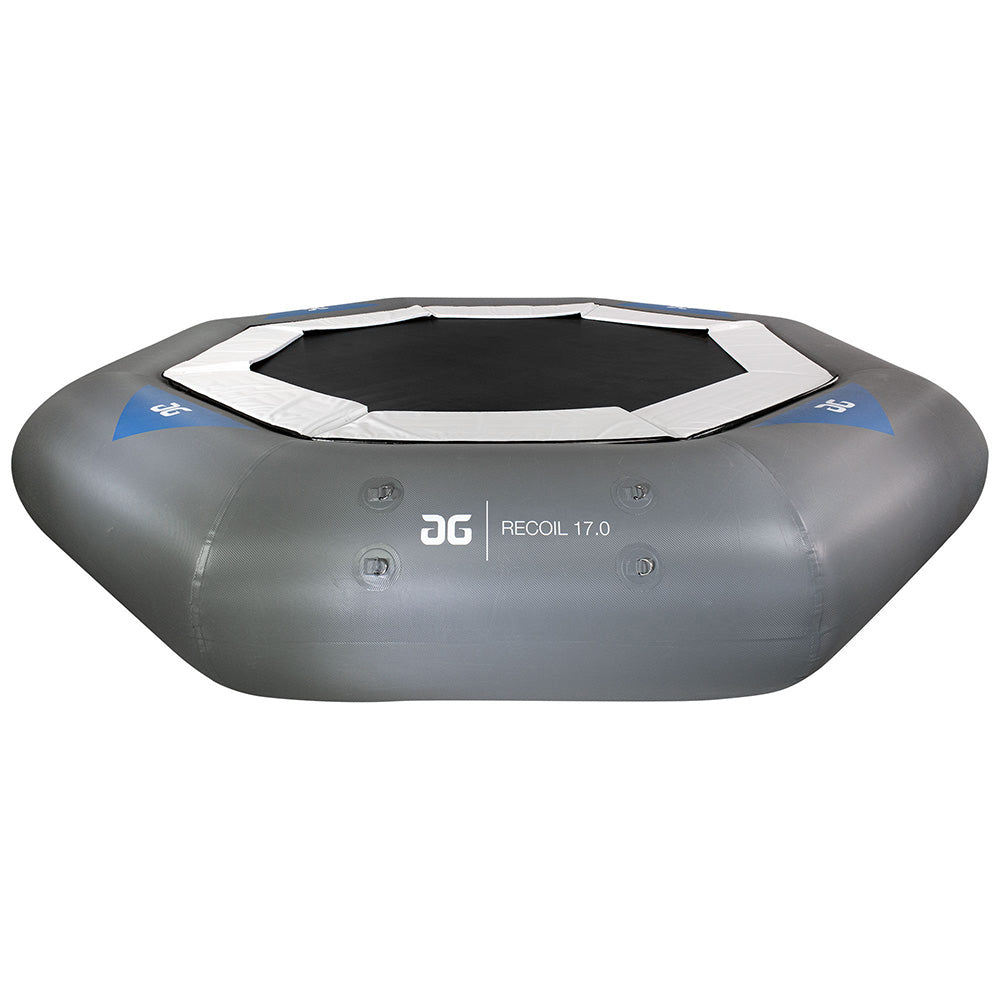 Recoil Tramp 17.0: Gray inflatable trampoline with black surface for superior bounce.