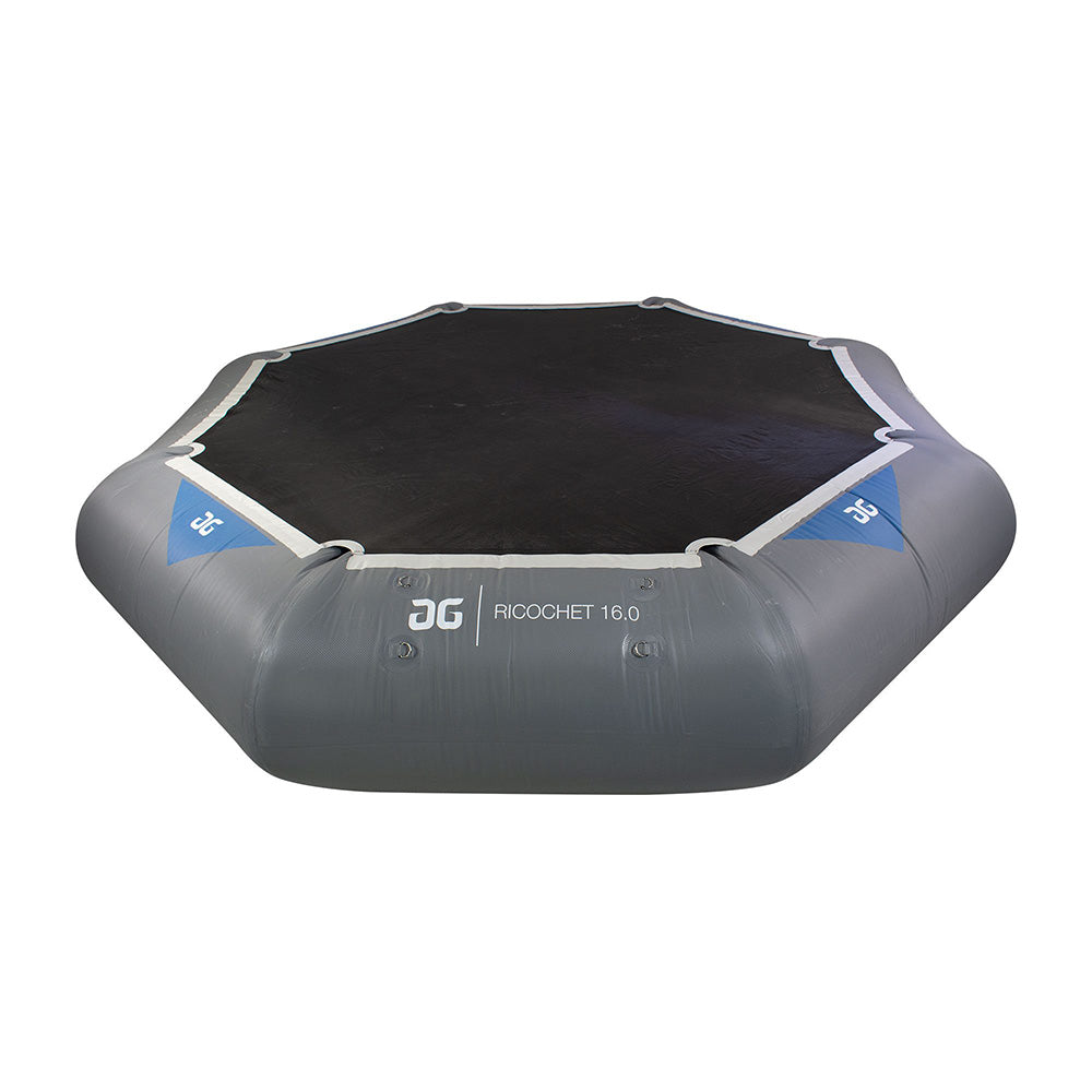 Ricochet Bouncer 16.0: Gray inflatable with black top and blue corner accents.