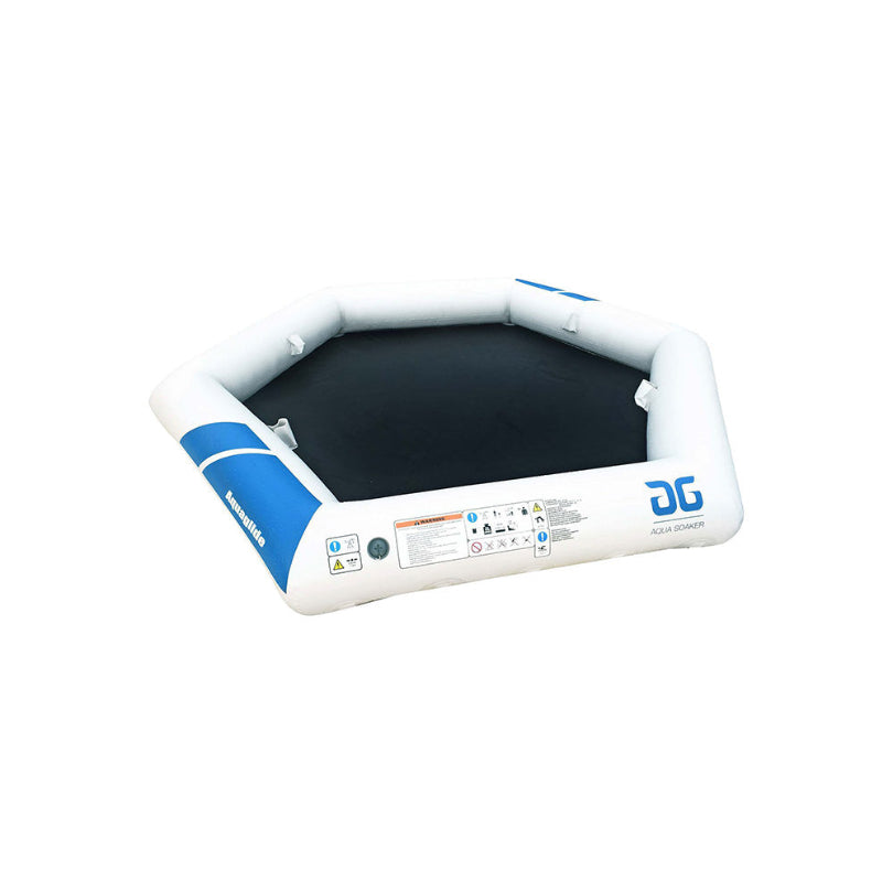 The Soaker Lounge is a blue and white hexagonal inflatable platform for relaxing on water.