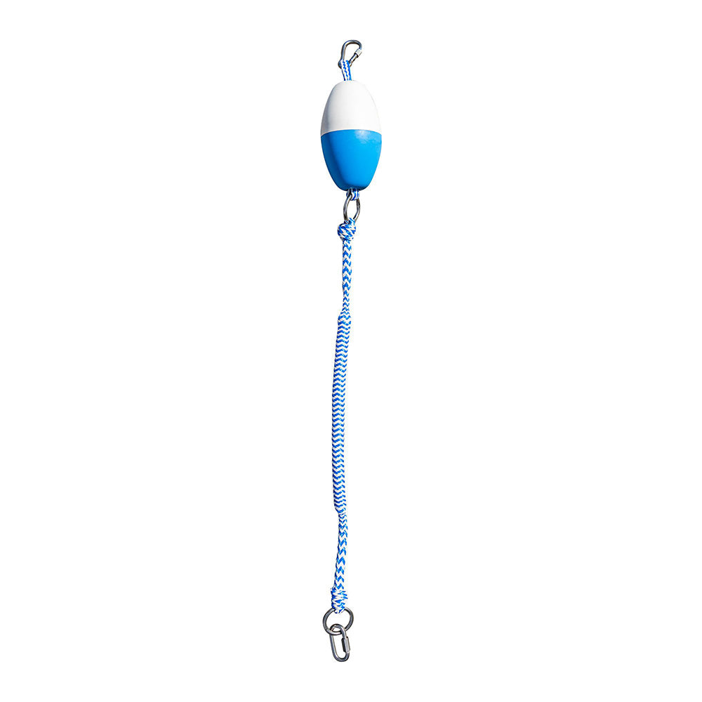 Vertical Mooring Line: Blue/white float with heavy-duty bungee & stainless steel quick links.