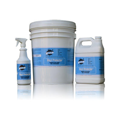Vinyl Protector: Available in spray, gallon jug, and bucket with blue labels; offers UV protection.