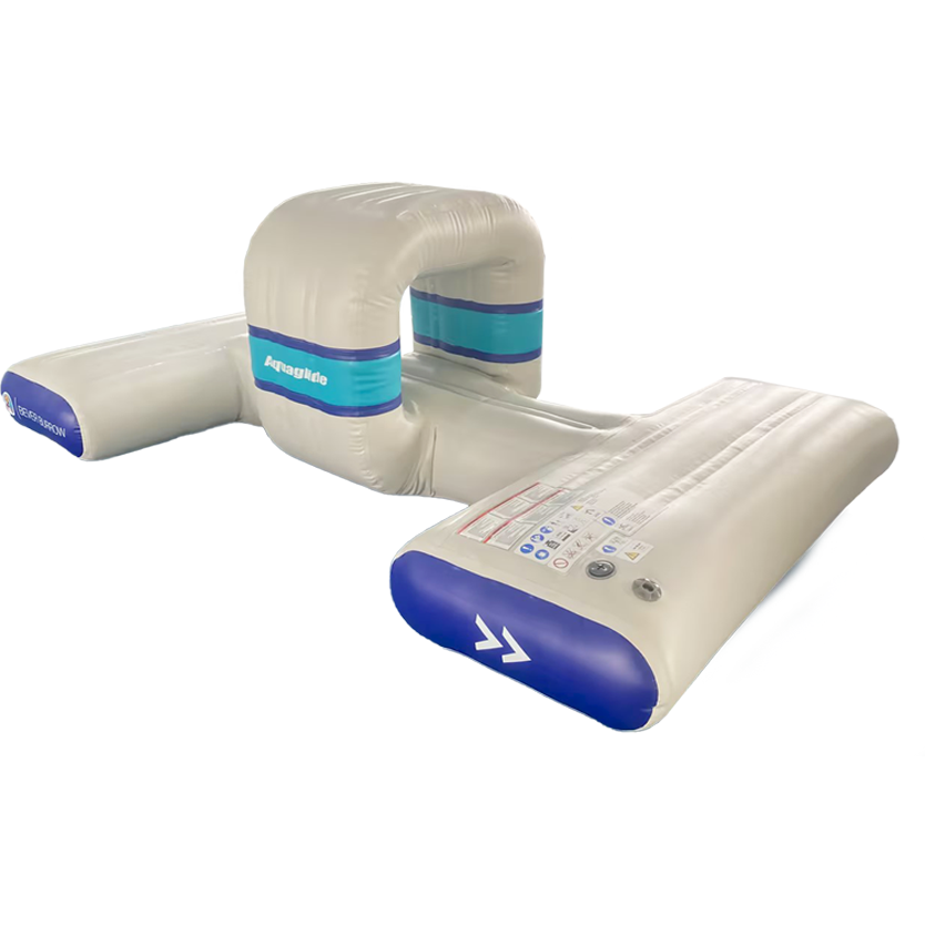 Beaver Burrow inflatable water obstacle with archway and blue accents on white base.