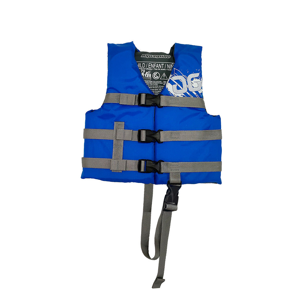 Front view of Aquaglide Park PFD blue life jacket for children with gray straps.