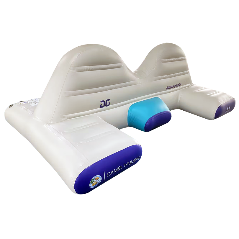 Camel Humps inflatable water obstacle with dual humps and blue pads on a white base.