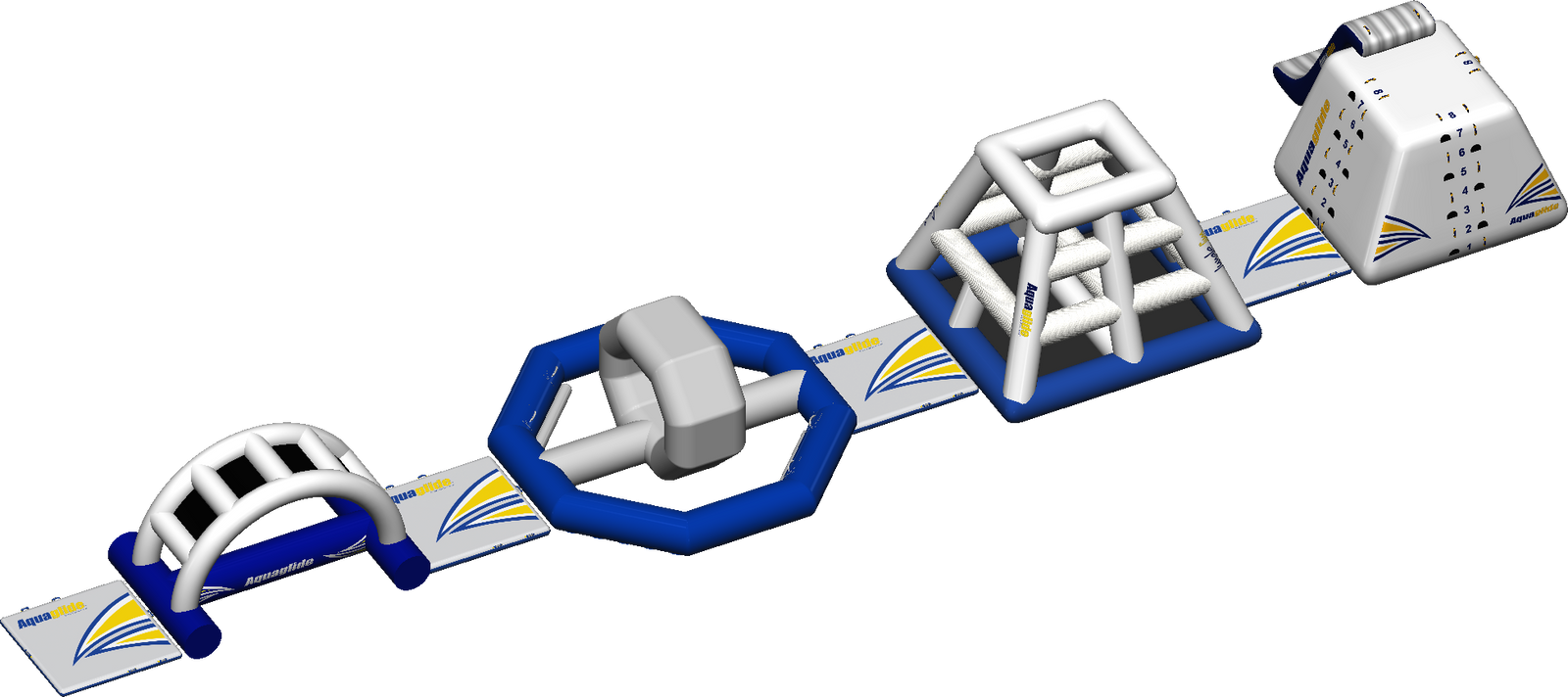 Inflatable water obstacle course featuring multiple interconnected elements, including an arched bridge, spinning obstacle, climbing pyramid, and a large climbing wall slide, all in white and blue with AquaGlide branding.