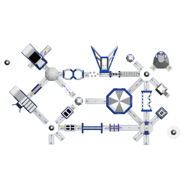 Aerial view of the Circuit Monsoon M 100, a blue and white inflatable water park with obstacles.
