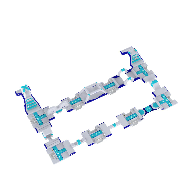 Angled view of Circuit 30 inflatable obstacle course with multiple connected sections.