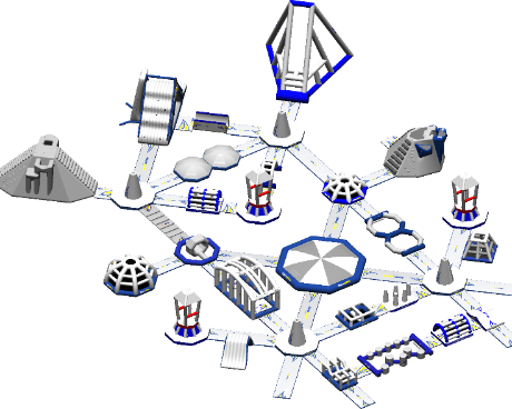 Inflatable water park arranged in a large square shape, designed for fun and active play. Includes a variety of features like slides, climbing towers, balance beams, floating domes, and bridges, all connected by walkways. The course is blue, white, and gray with multiple routes for kids and adults to explore.