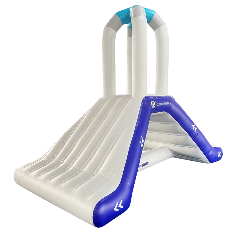 Condor Plunge inflatable water slide with tall arch and blue accents on white base.