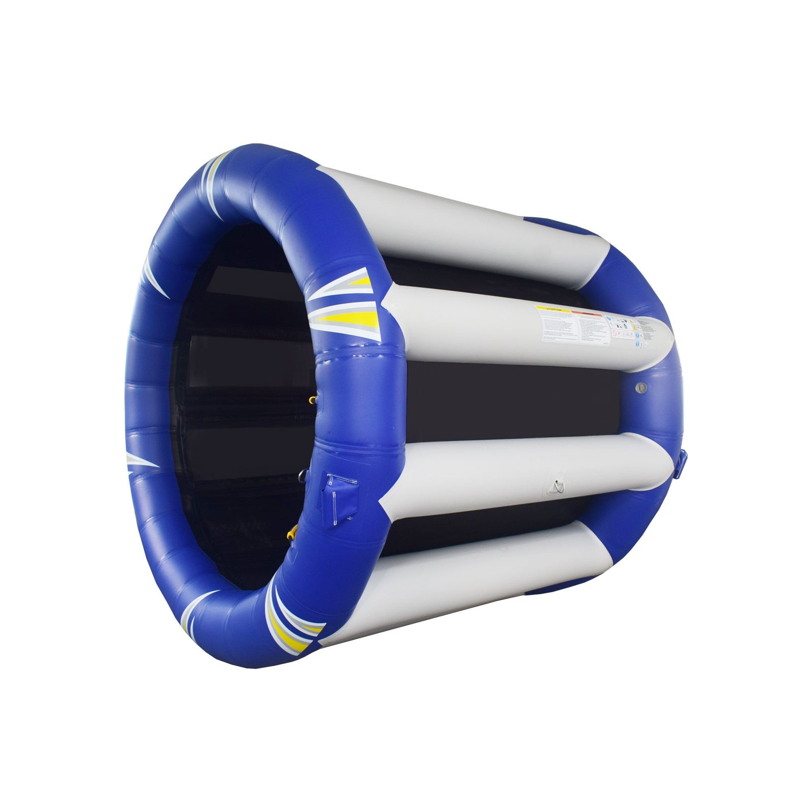Inflatable Cyclone Wheel in blue and white for aquatic fun.