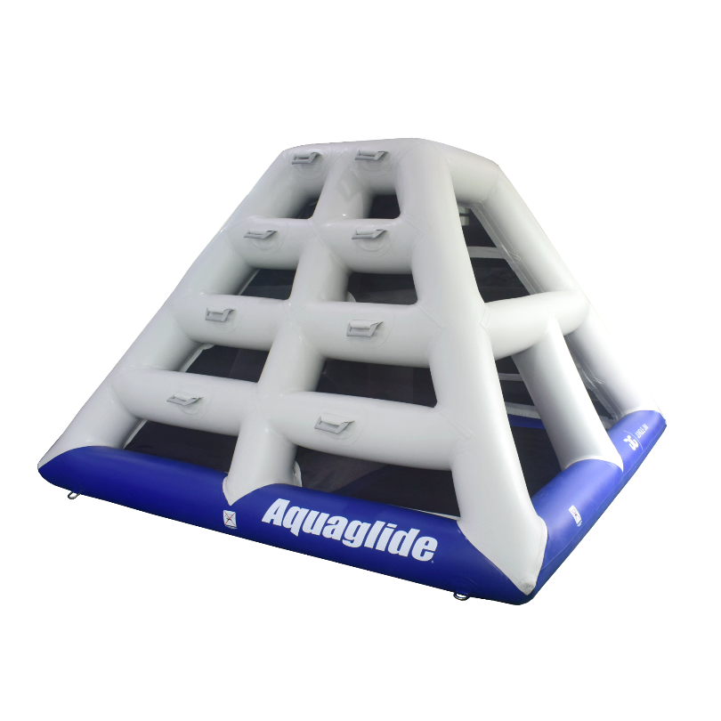 Angled view of Jungle Jim inflatable climbing structure with white and blue frame.