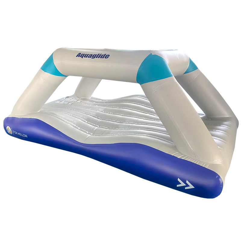 Fox Hollow inflatable water platform with arched frame and blue accents on white base.