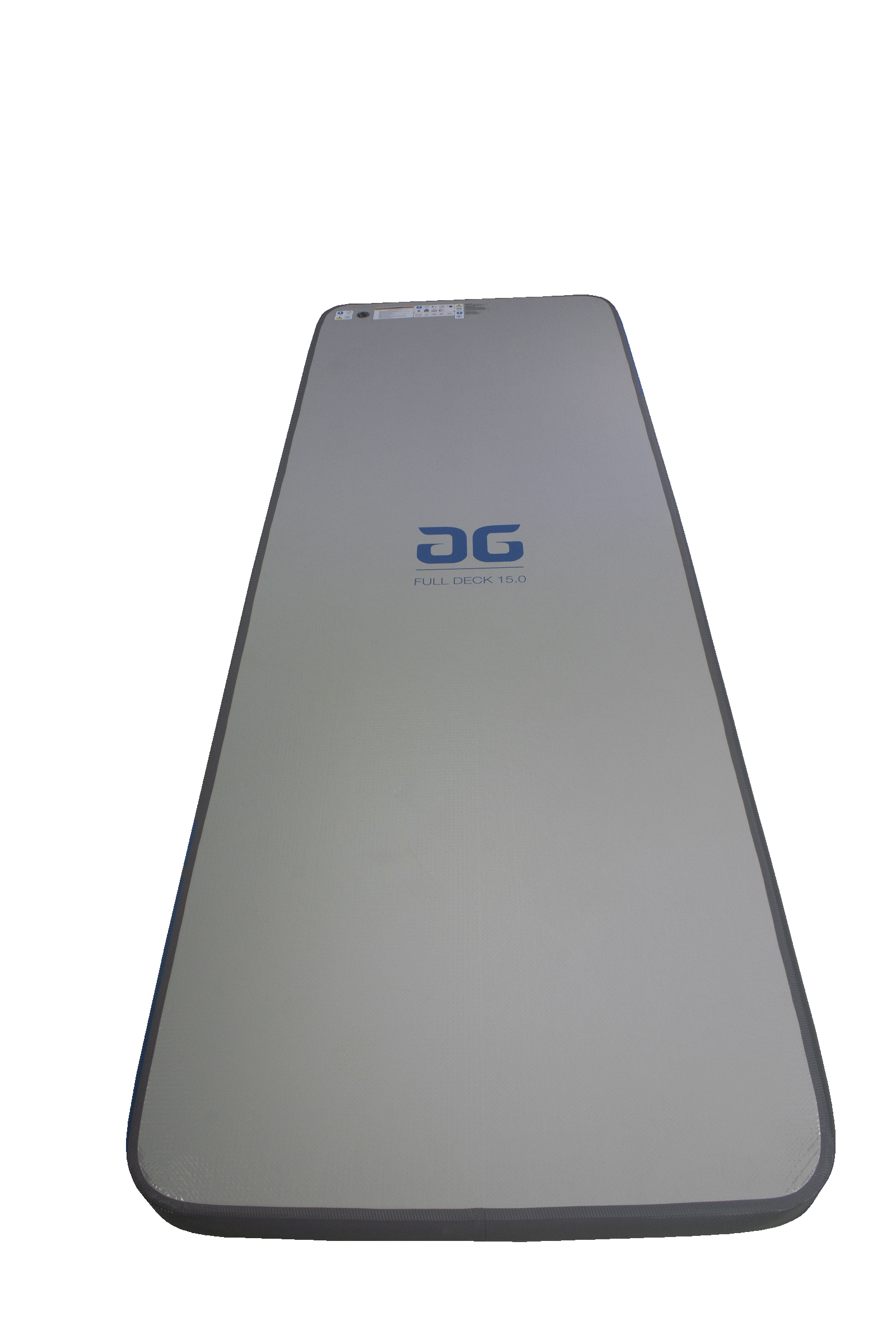 A gray, rectangular paddleboard named Full Deck 15.0 with drop-stitch construction.