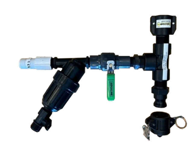 Side view of Inline Monsoon Tee for Trickler showing attachment points and valves.