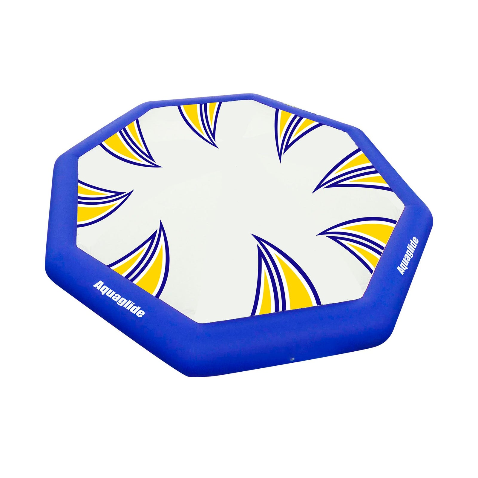 Kaos: An octagonal inflatable dome with blue and yellow patterns, a fun trampoline alternative.