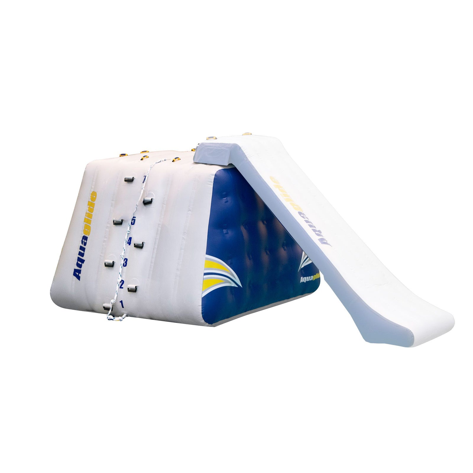 King of the Mountain inflatable water slide featuring climbing wall, blue and white design.