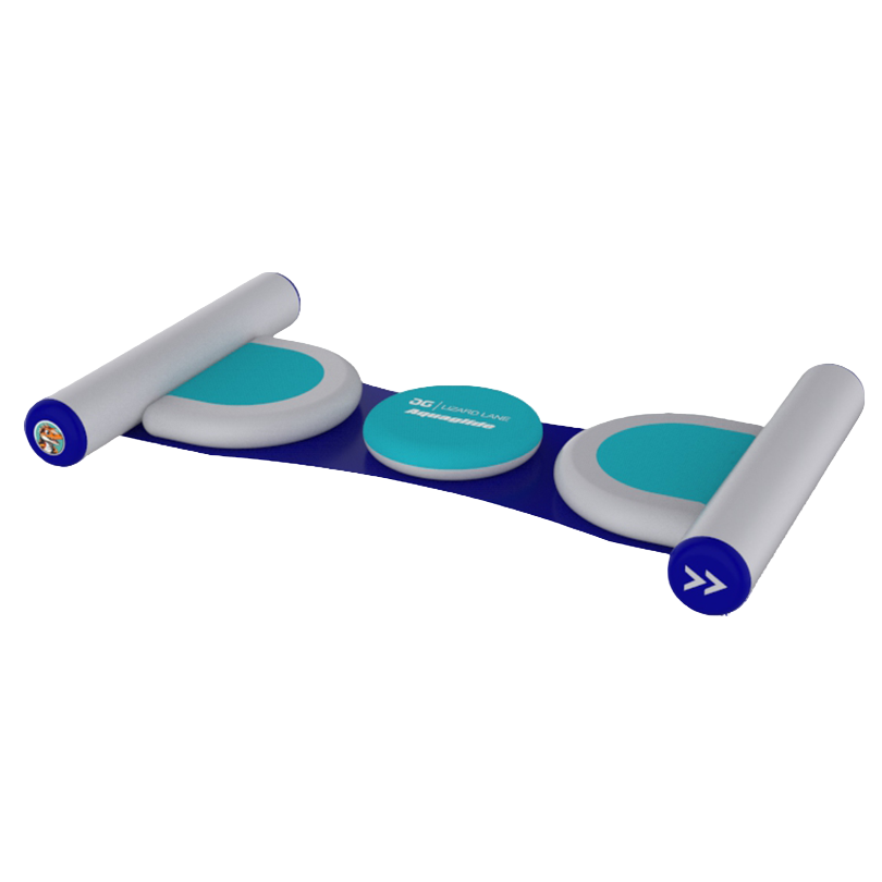 Lizard Lane inflatable water obstacle with three teal pads connected by a blue base.