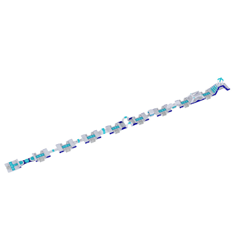 Angled view of Long Track inflatable obstacle course with connected ramps and slides.