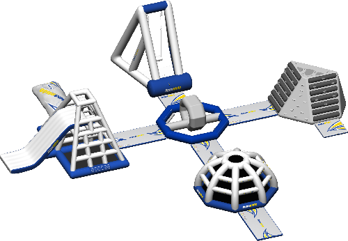 3D model of the Micro Series boasting a swing, water slide, arial blob climbing walls and more climbing features to ensure fun water play during any lake day.