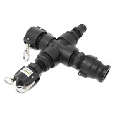 Monsoon System Expanded: Black T-connector with 3 couplings and metal latches for irrigation.