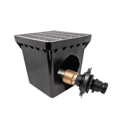 Monsoon System Standard, black square catch basin with side opening for drainage.