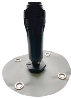 Angled view of Monsoon System spray head with black nozzle, gray stabilizer cap, and metal grommets.