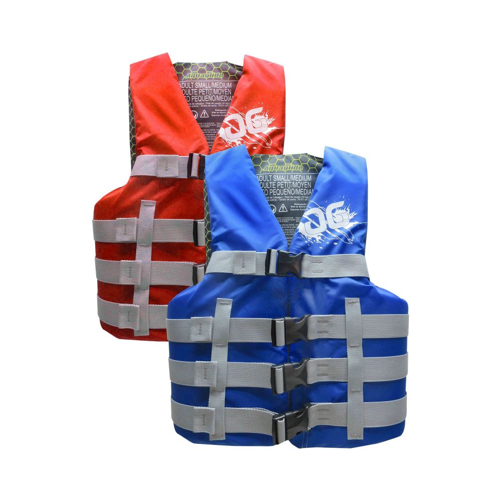 Aquaglide Park PFDs in red and blue with buckles, ideal for aquapark safety.
