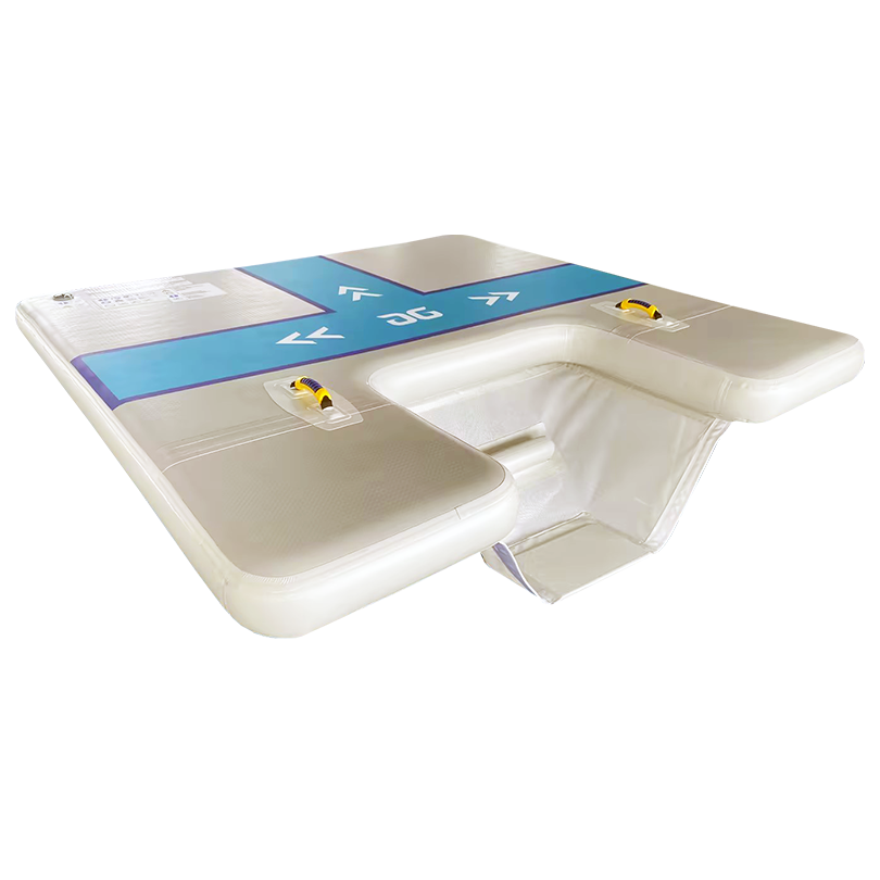 Pelican Perch XL inflatable platform with blue center panels and yellow handles on white base.
