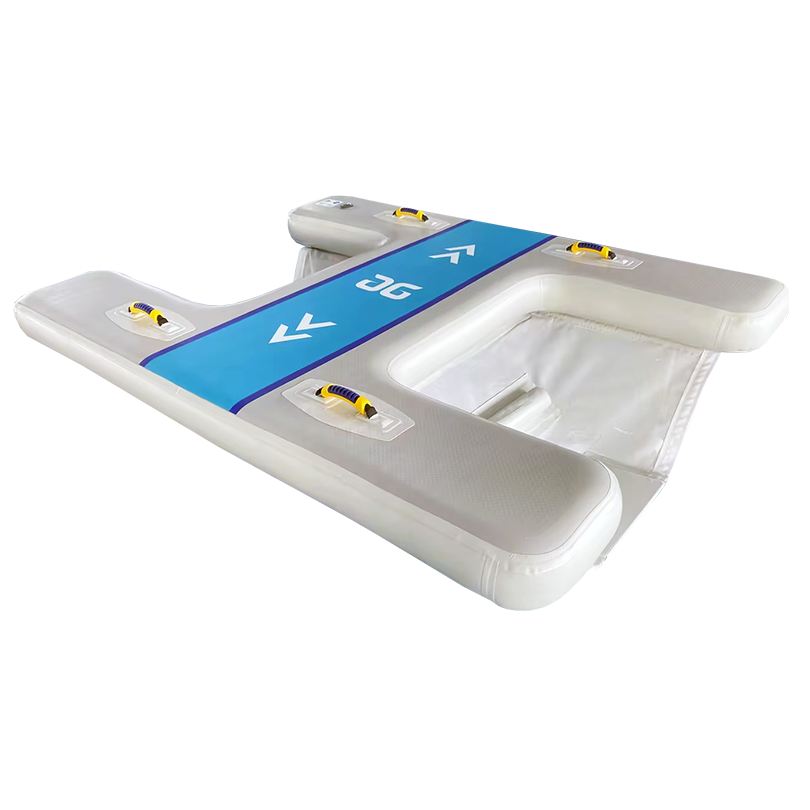 Pelican Perch inflatable platform with blue center panel and yellow handles on white base.