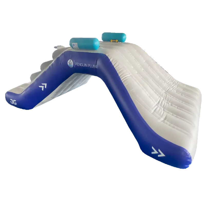 Angled side view of Penguin Plunge inflatable slide in white and blue.