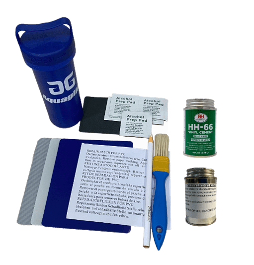 AG Repair Kit: includes a brush, adhesive, Duratex patches, and a water bottle.