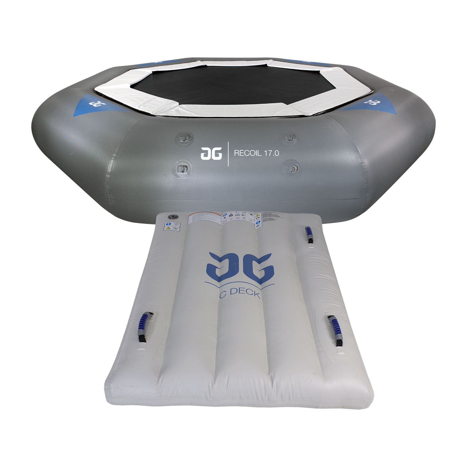 Front view of Recoil Tramp 17.0 with attached white C Deck featuring blue AG logo.