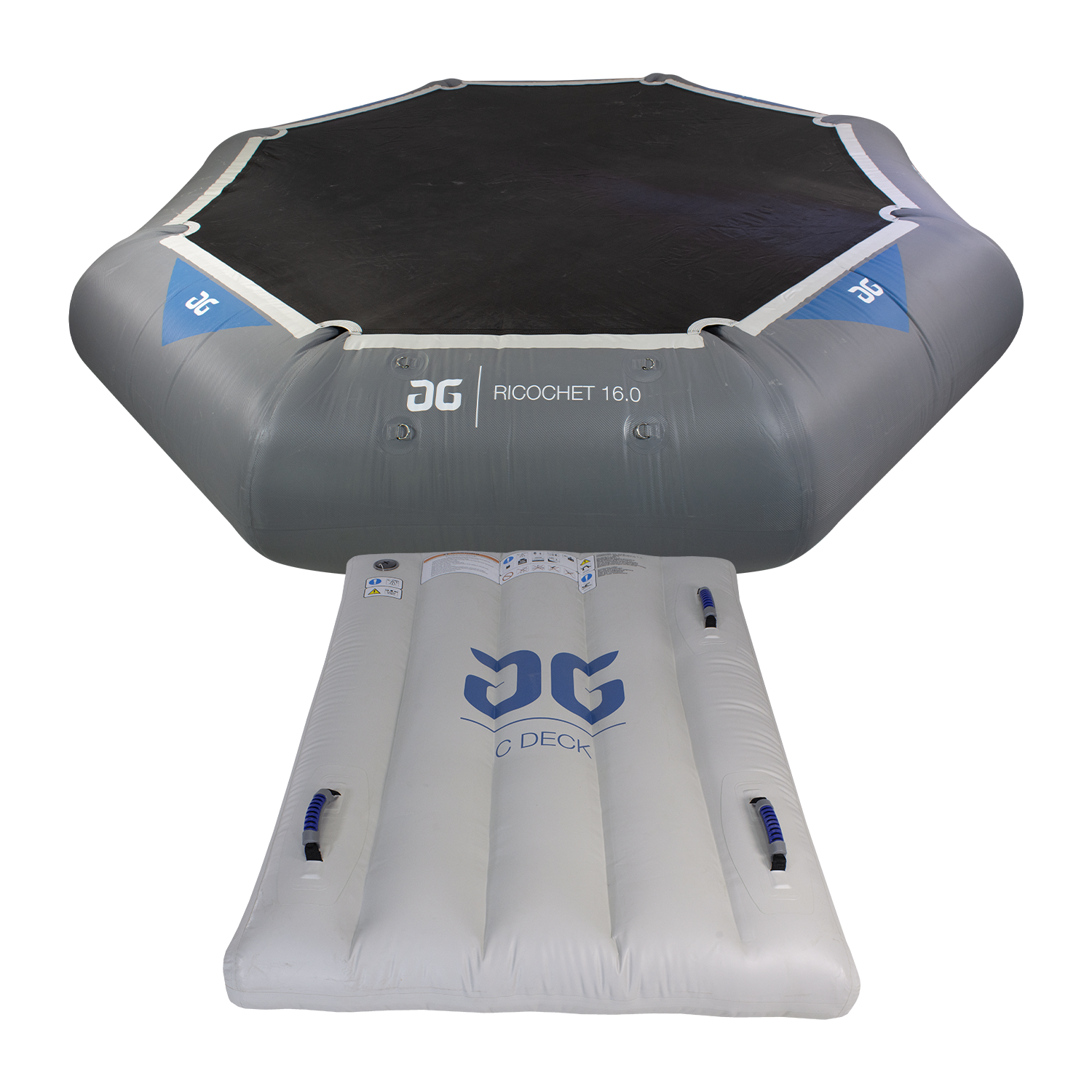 Front view of Ricochet Bouncer 16.0 with attached white C Deck and blue AG logo.