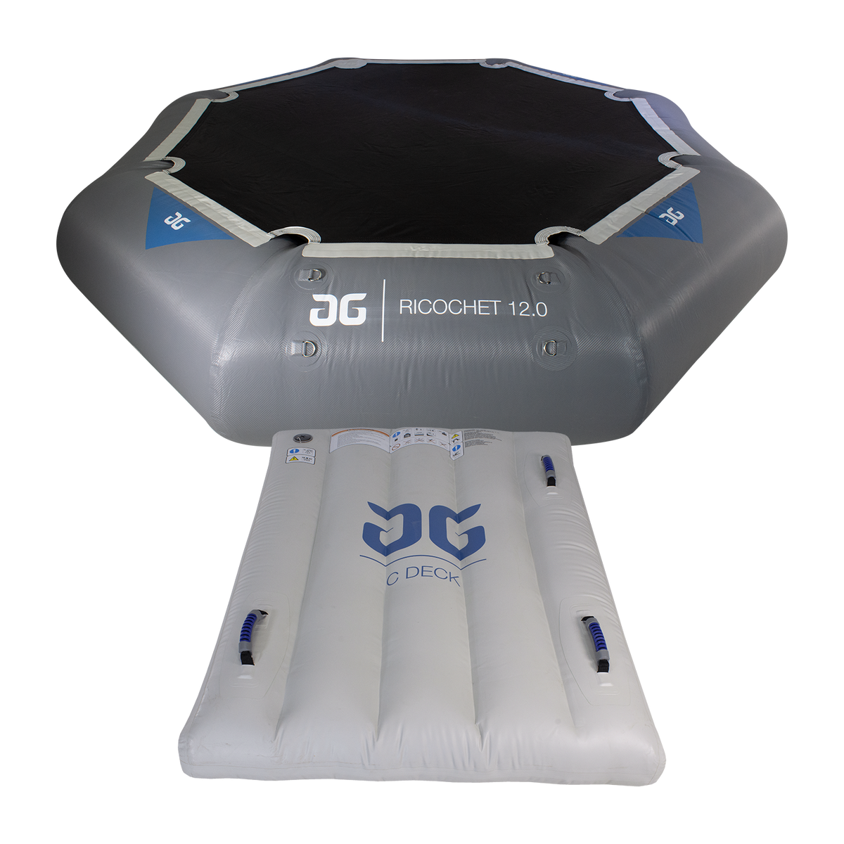 Front view of Ricochet Bouncer 12.0 with attached white C Deck and blue AG logo.