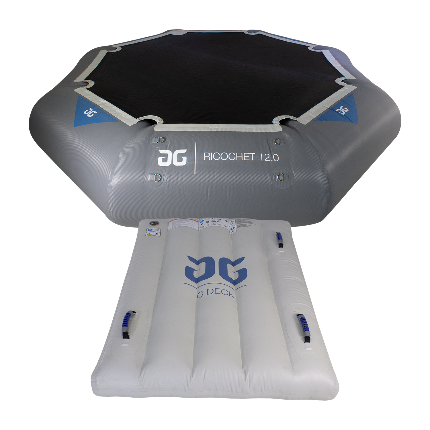 Front view of Ricochet Bouncer 12.0 with attached white C Deck and blue AG logo.