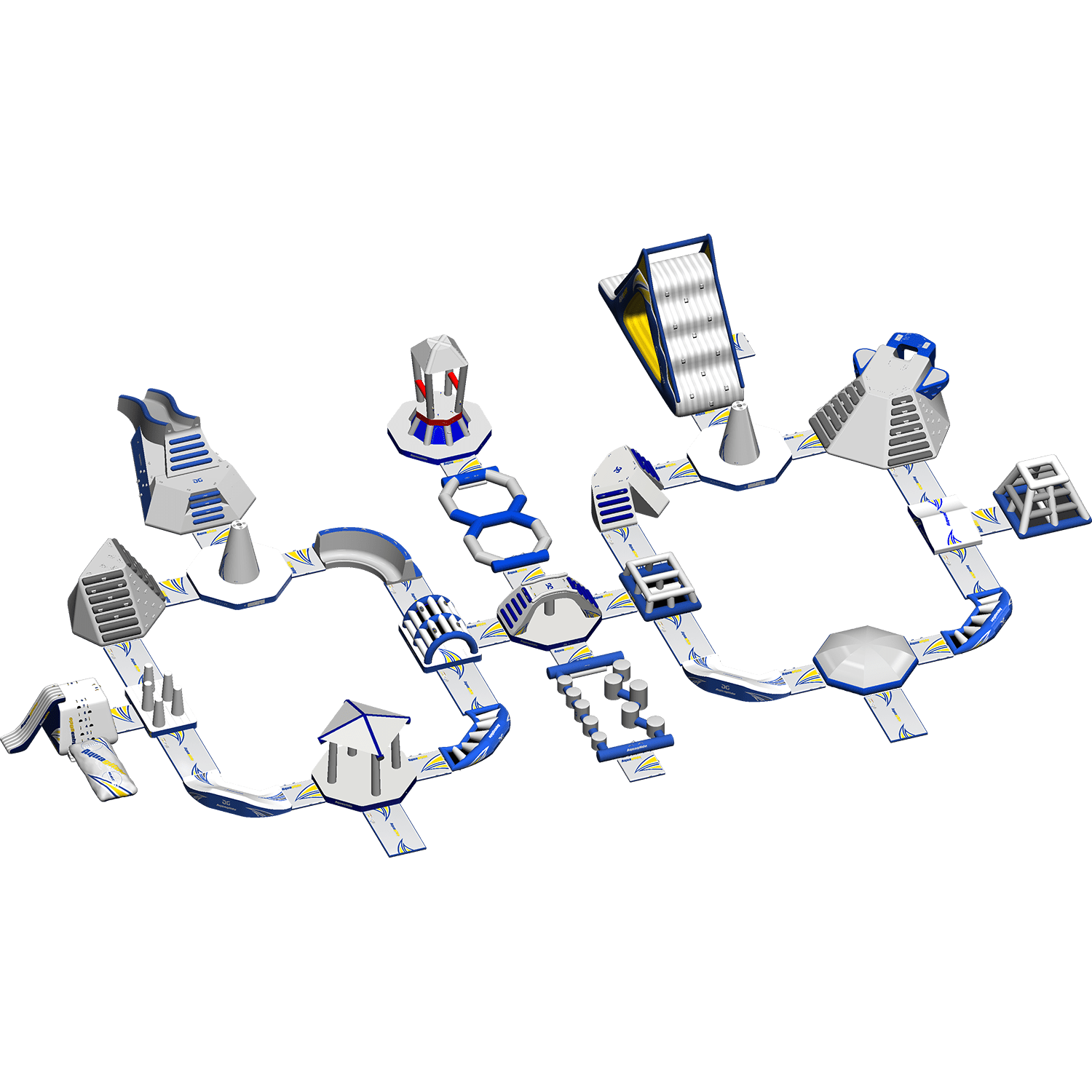 Illustration of an obstacle course with slides, towers, and a Ring Monsoon M 100 structure.