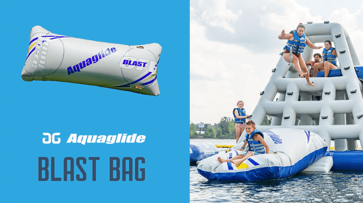 People jumping onto a Blast Bag inflatable on the water.