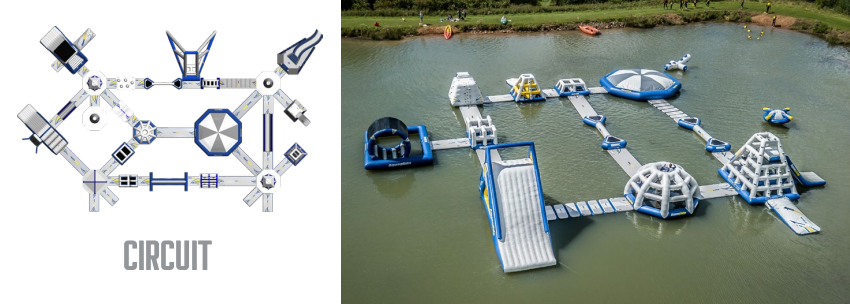 Layout and aerial view of a floating water park circuit on a lake.